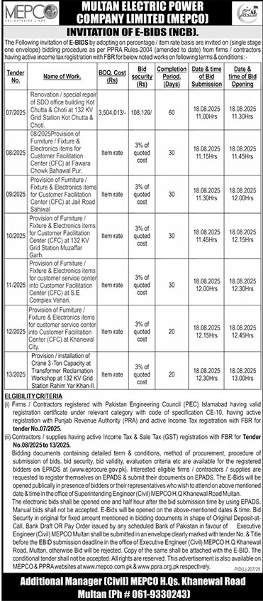Multan Electric Power Company Limited Tender Notice